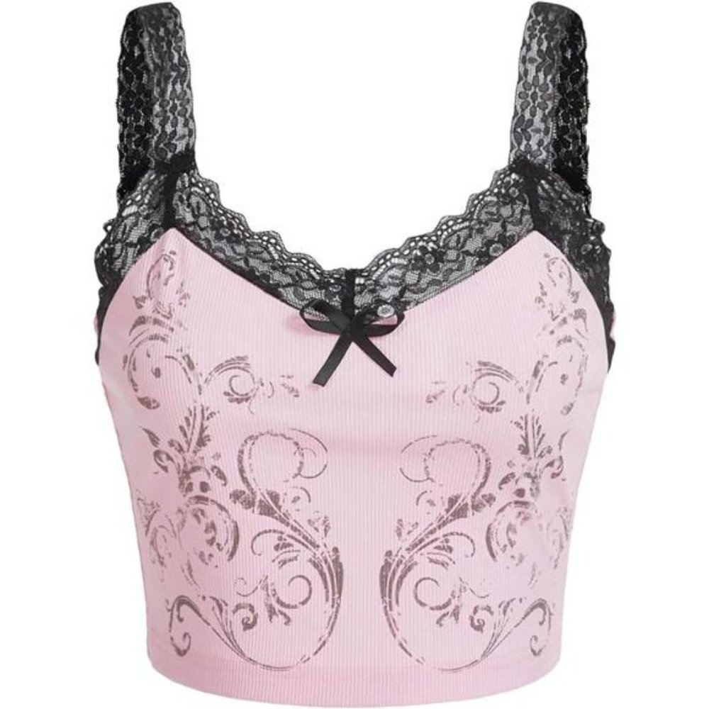 Women's Floral Print Contrast Lace Cami Top Spaghetti Strap Sleeveless Crop Tops